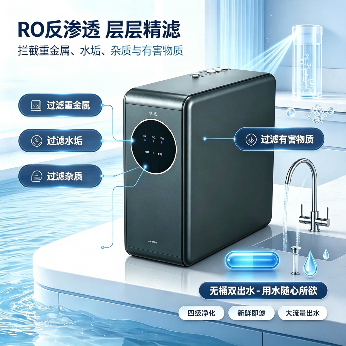 A9-800G 无桶RO反渗透-纯水机   •高端卡式直取滤芯-防漏水